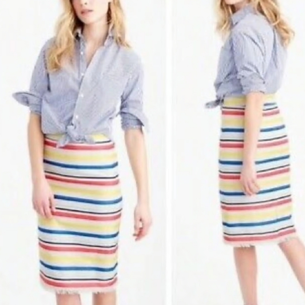 J Crew Jacquard Striped Fringe Knee Length Pencil Skirt - Picture 2 of 5